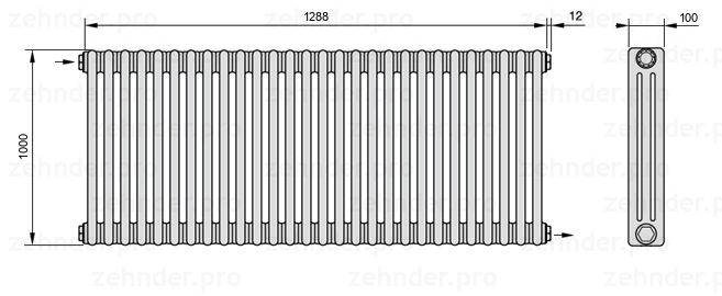 Схема (чертеж) Радиатор Zehnder Charleston 3100/28 №1670 Белый глянцевый RAL 9016